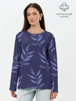 Лонгслив женский. Хлопок / Листья на темно синем фоне