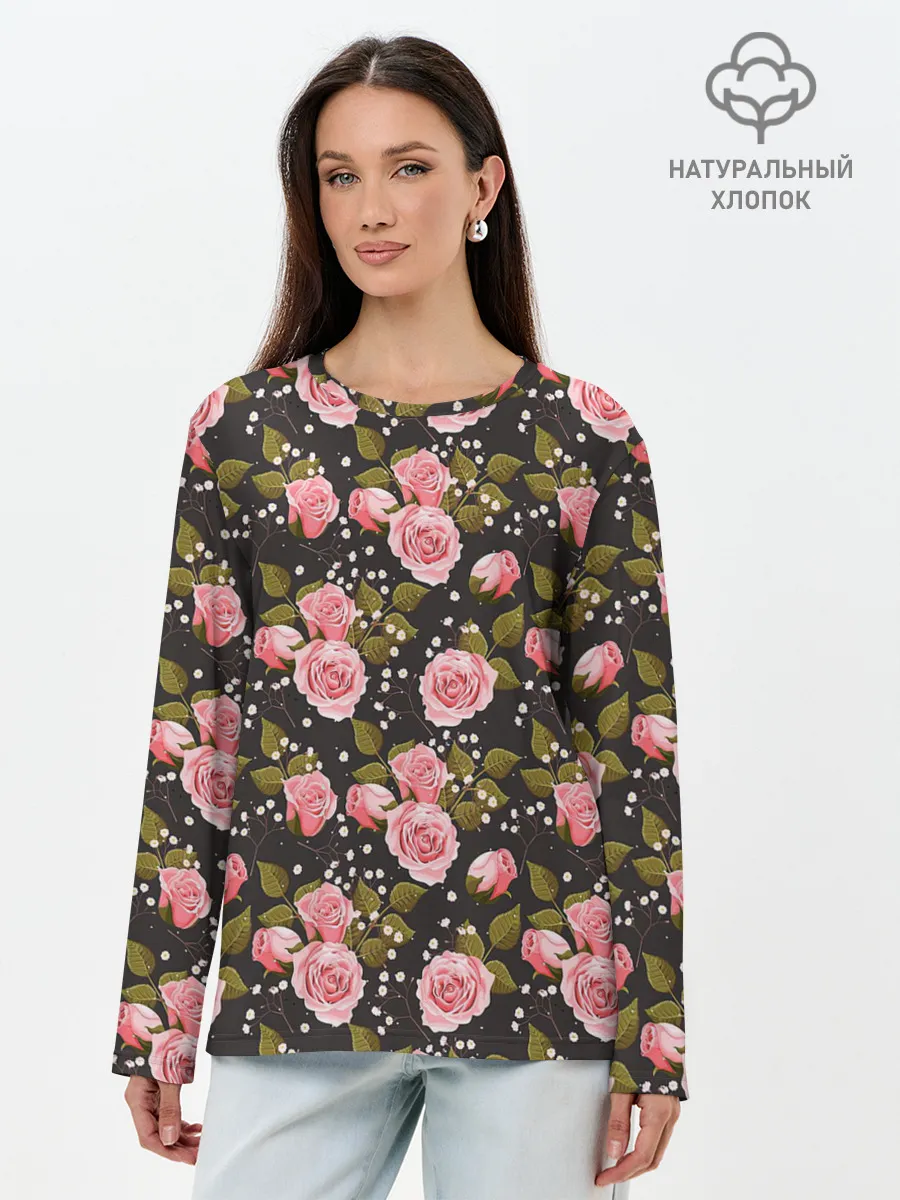Лонгслив женский. Хлопок / Яркие розовые розы