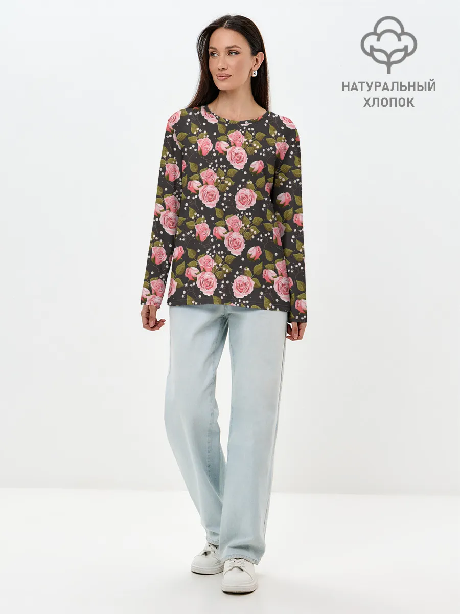 Лонгслив женский. Хлопок / Яркие розовые розы