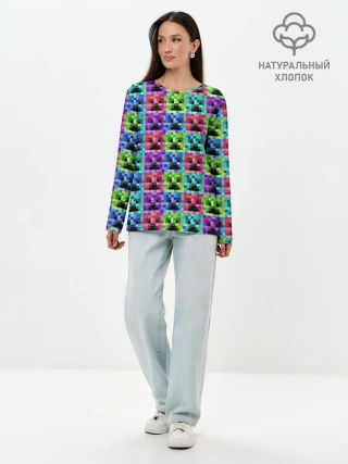 Лонгслив женский. Хлопок / МАЙНКРАФТ / MINECRAFT ЦВЕТНЫЕ КРИПЕРЫ