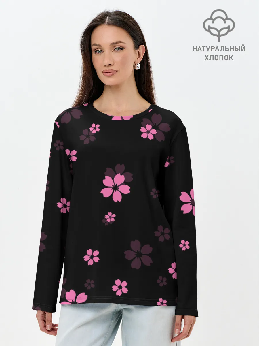 Лонгслив женский. Хлопок / САКУРА ВИШНЯ ЛЕПЕСТКИ