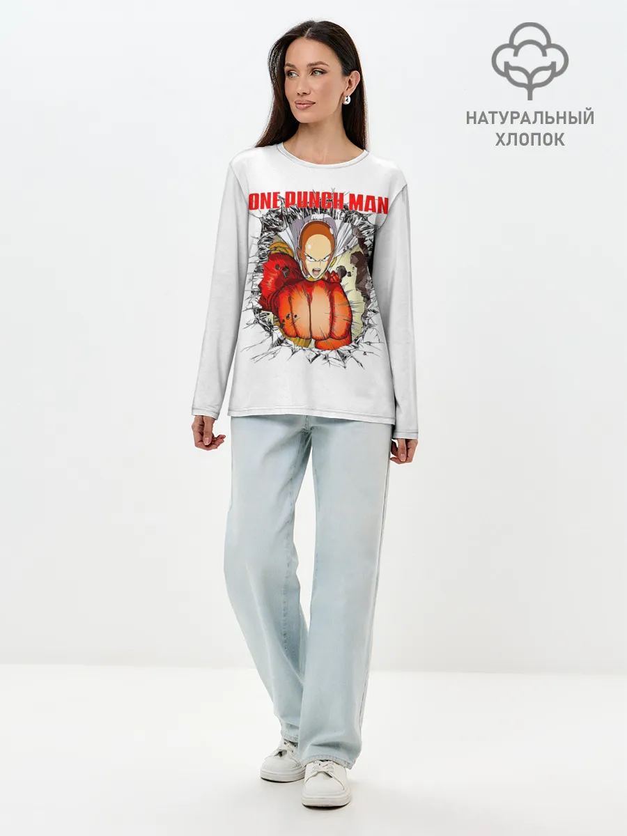 Лонгслив женский. Хлопок / Удар сквозь стену One Punch-Man