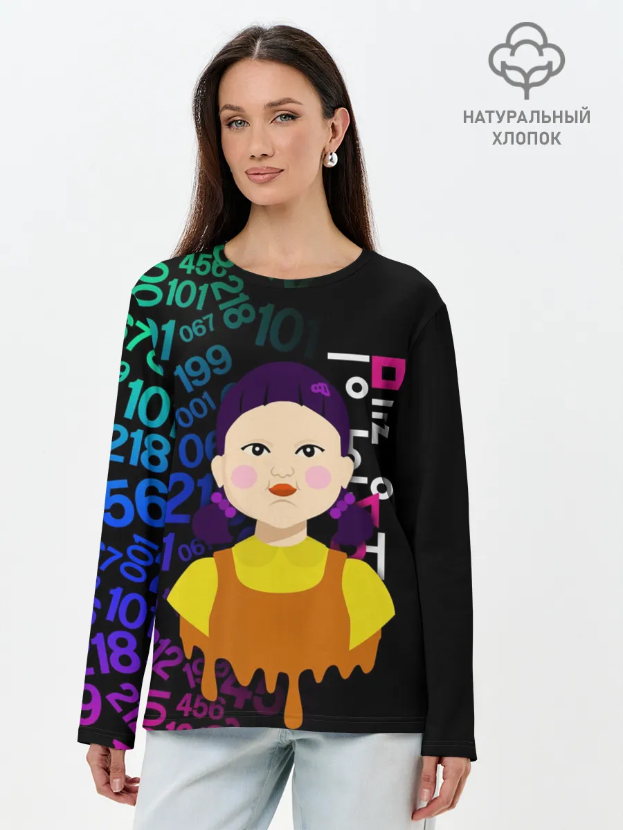 Лонгслив женский. Хлопок / ИГРА В КАЛЬМАРА / SQUID GAME / КУКЛА / УЗОР
