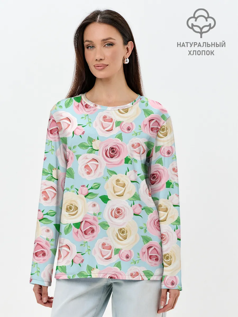 Лонгслив женский. Хлопок / Цветущее поле роз