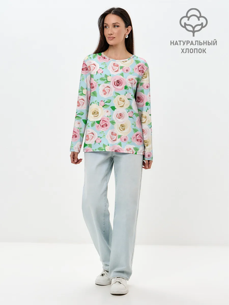 Лонгслив женский. Хлопок / Цветущее поле роз