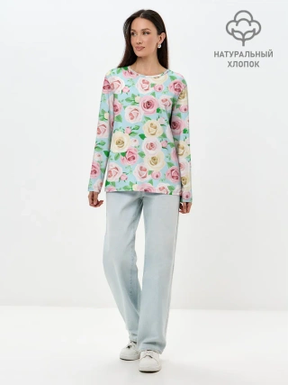 Лонгслив женский. Хлопок / Цветущее поле роз