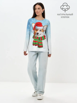 Лонгслив женский. Хлопок / Новогодний Корги / New Years Corgi