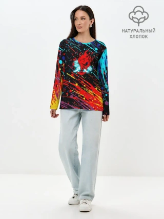 Лонгслив женский. Хлопок / Cyberpunk 2077 Цветные брызги.