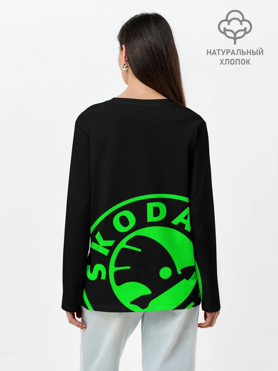 Лонгслив женский. Хлопок / SKODA GREEN LOGO BLACK STYLE