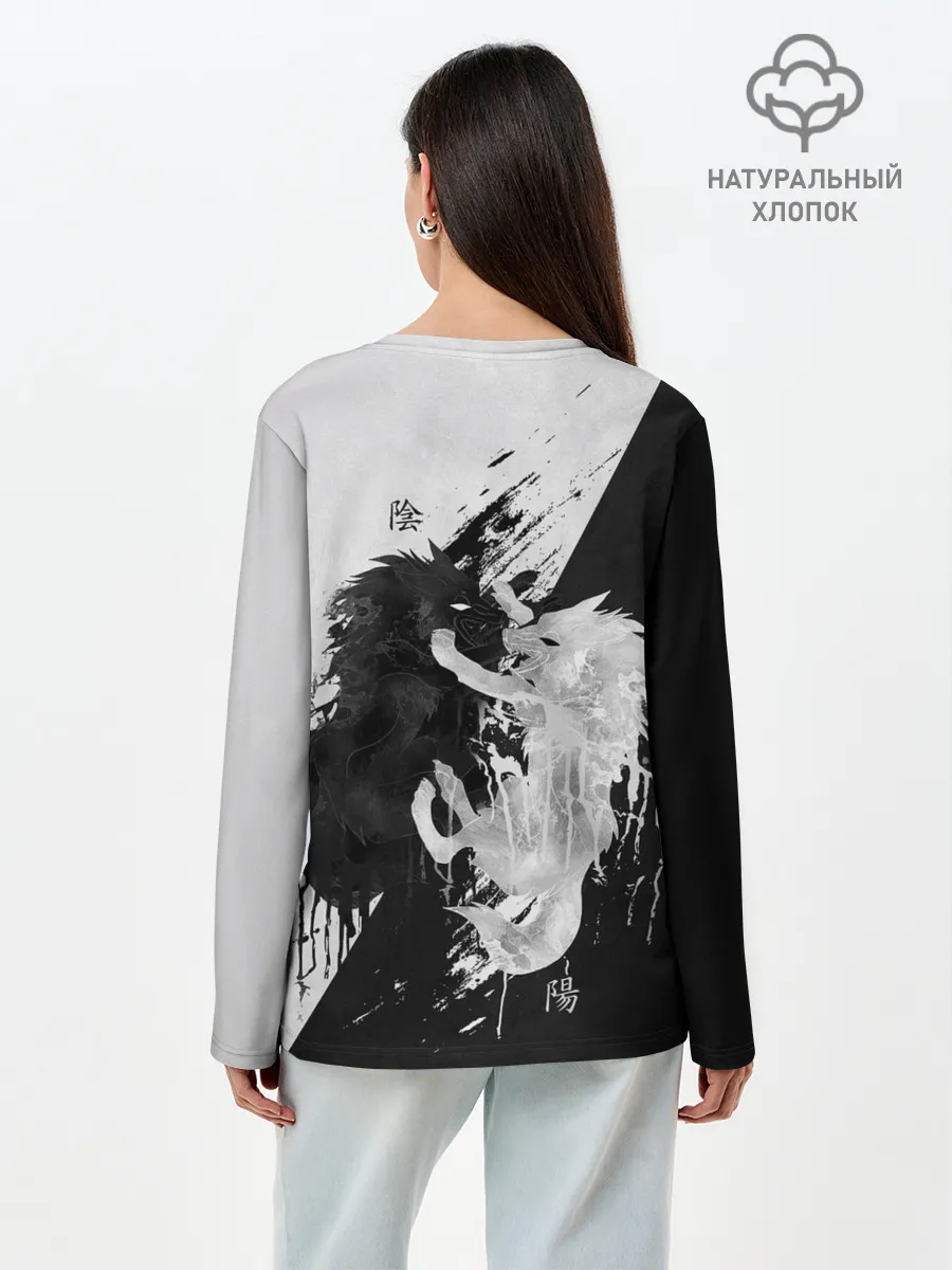 Лонгслив женский. Хлопок / ИНЬ ЯНЬ ВОЛКИ ЧЁРНО БЕЛЫЙ