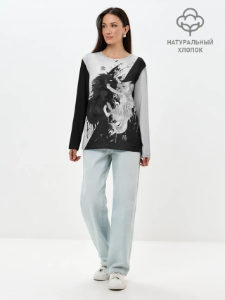 Лонгслив женский. Хлопок / ИНЬ ЯНЬ ВОЛКИ ЧЁРНО БЕЛЫЙ