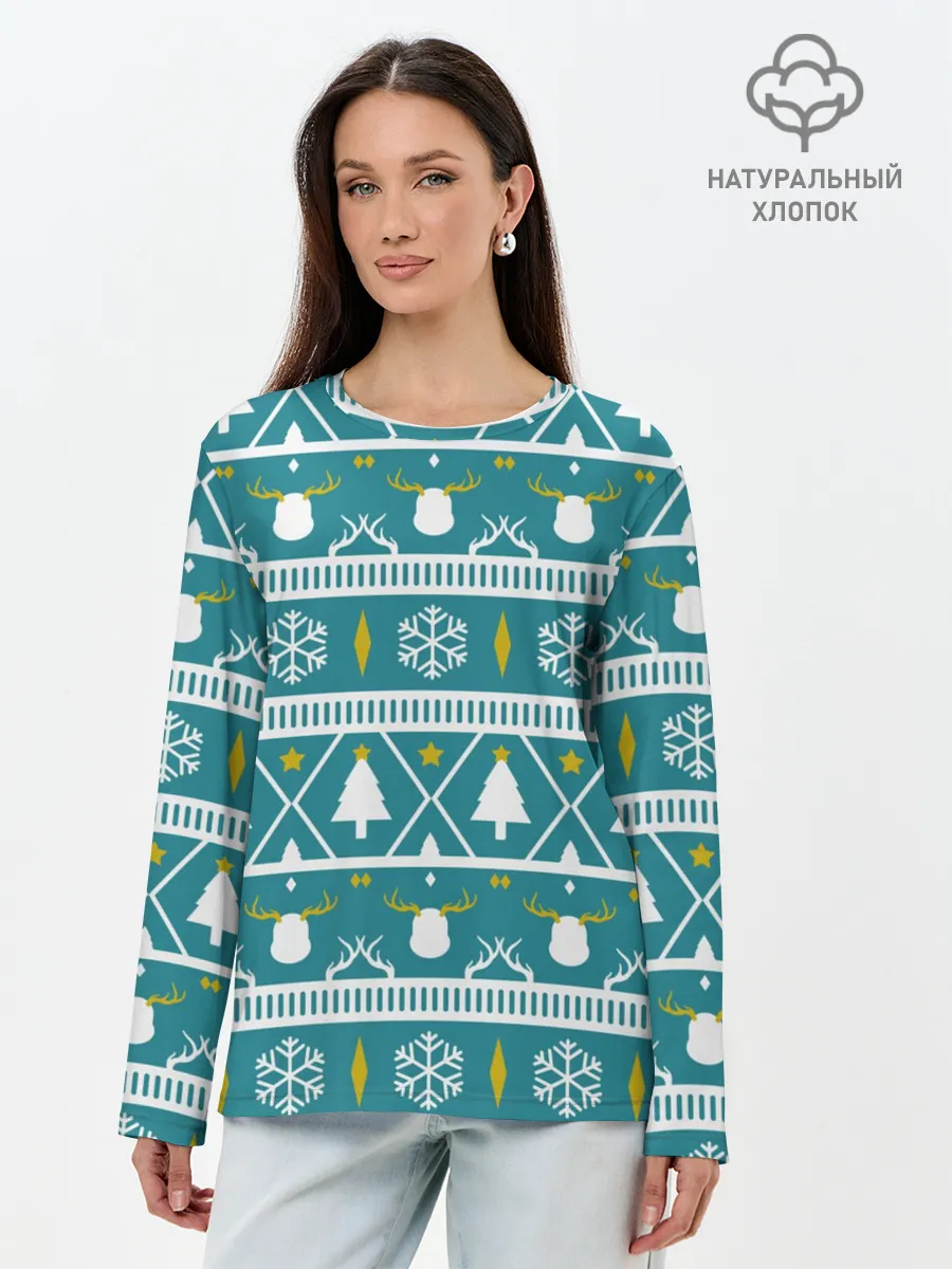 Лонгслив женский. Хлопок / Узор новогодний