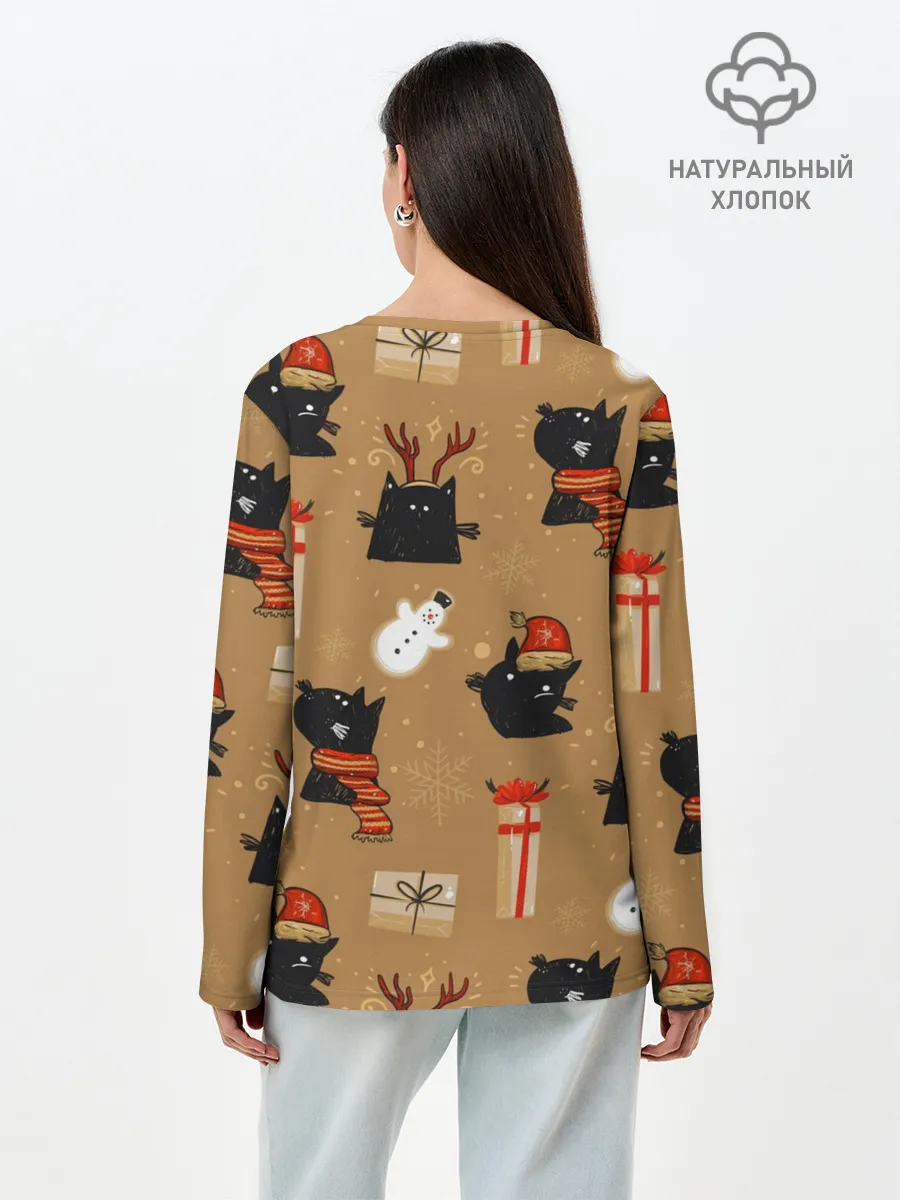 Лонгслив женский. Хлопок / Черные новогодние коты