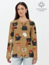 Лонгслив женский. Хлопок / Черные новогодние коты