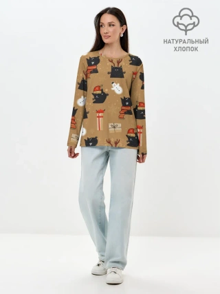 Лонгслив женский. Хлопок / Черные новогодние коты
