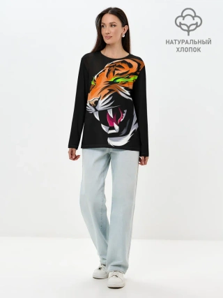 Лонгслив женский. Хлопок / Тигр, с зелеными глазами