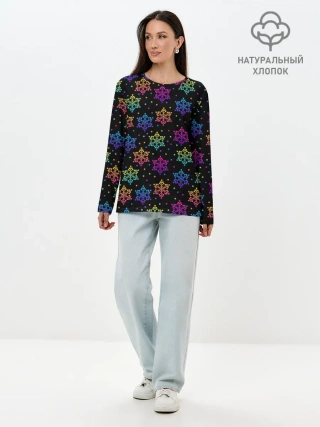 Лонгслив женский. Хлопок / Неоновые снежинки / Neon snowflakes