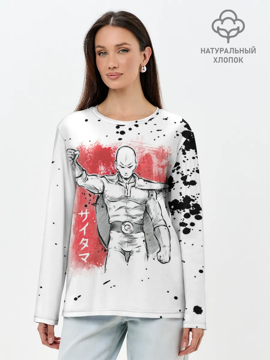 Лонгслив женский. Хлопок / One Punch-Man черные брызги Сайтама