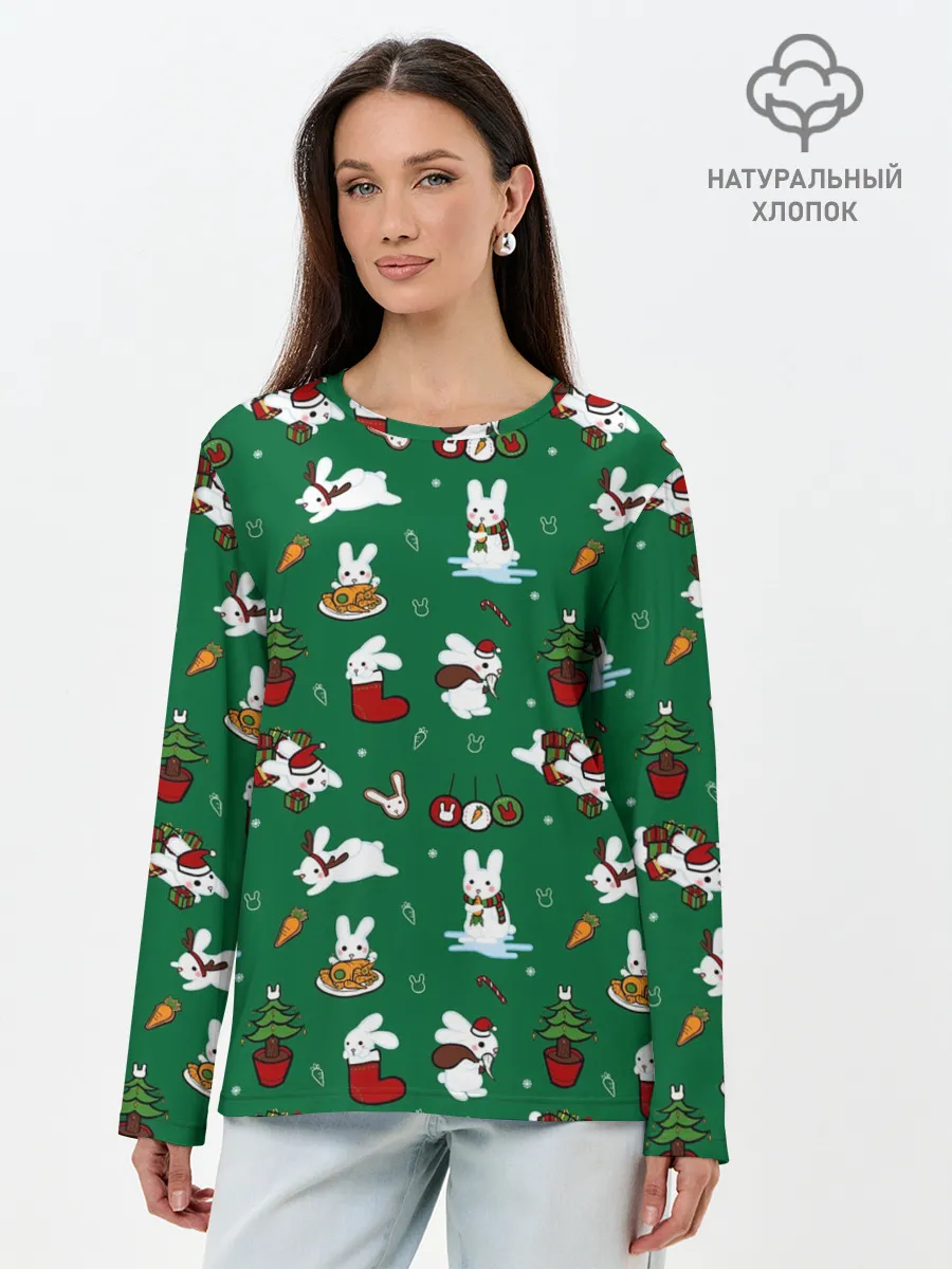 Лонгслив женский. Хлопок / Новогодний паттерн с зайчиками