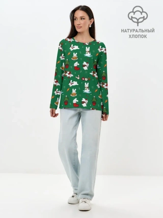 Лонгслив женский. Хлопок / Новогодний паттерн с зайчиками