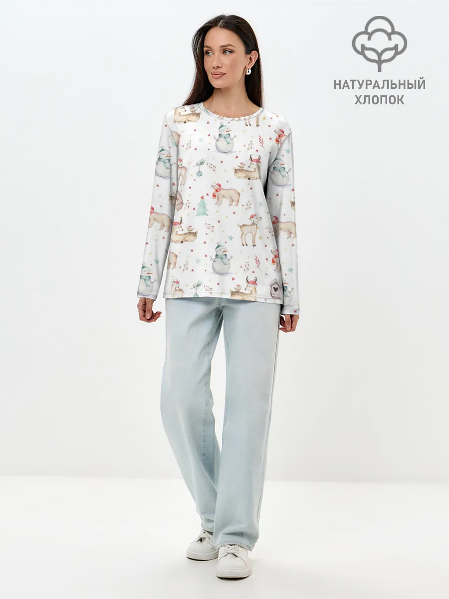 Лонгслив женский. Хлопок / Паттерн с оленями и медведями