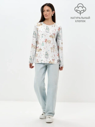 Лонгслив женский. Хлопок / Паттерн с оленями и медведями