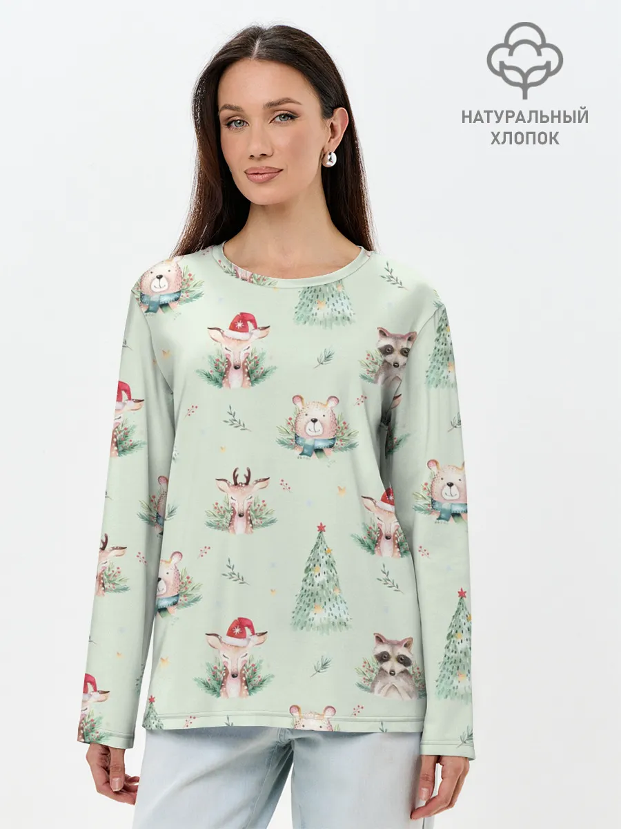 Лонгслив женский. Хлопок / Олени, медведи и еноты