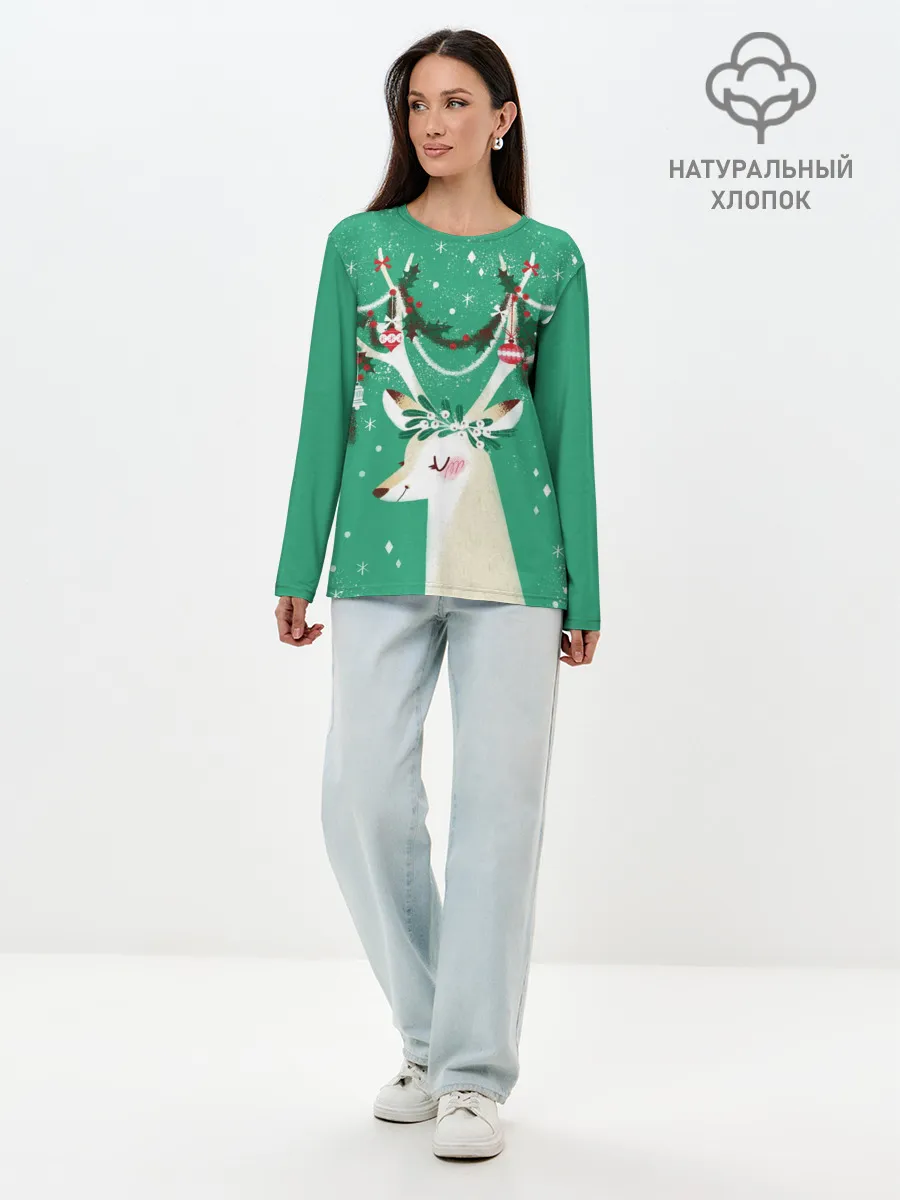 Лонгслив женский. Хлопок / Олень. Новый год