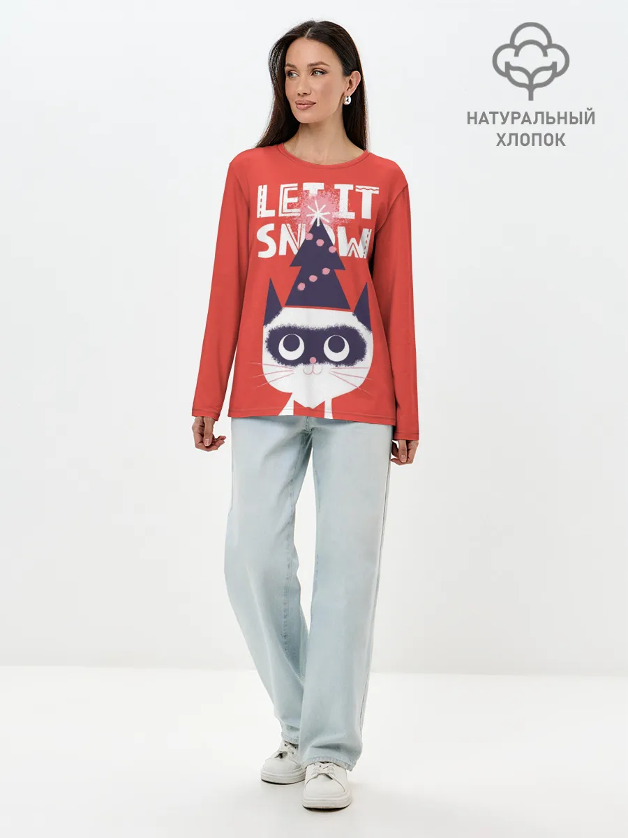 Лонгслив женский. Хлопок / Котик. Новый год