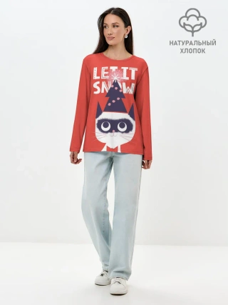 Лонгслив женский. Хлопок / Котик. Новый год