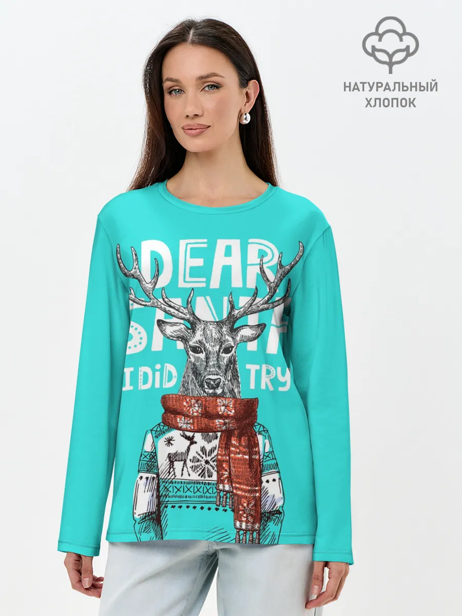 Лонгслив женский. Хлопок / Олень в свитере с оленями