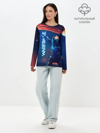 Лонгслив женский. Хлопок / WAFRAME NEON KATANA FIRE