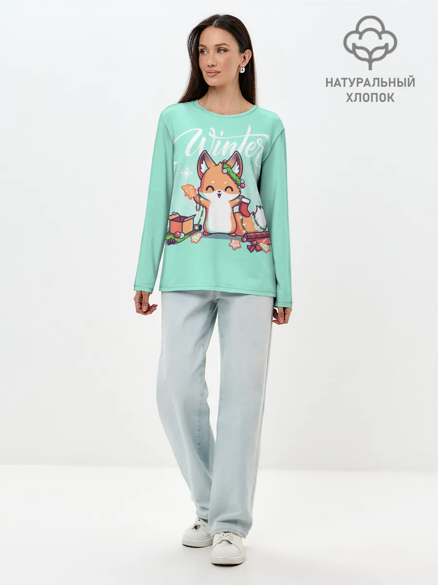 Лонгслив женский. Хлопок / Зима. Новогодний лисенок