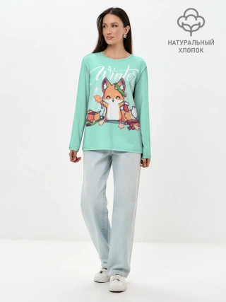 Лонгслив женский. Хлопок / Зима. Новогодний лисенок
