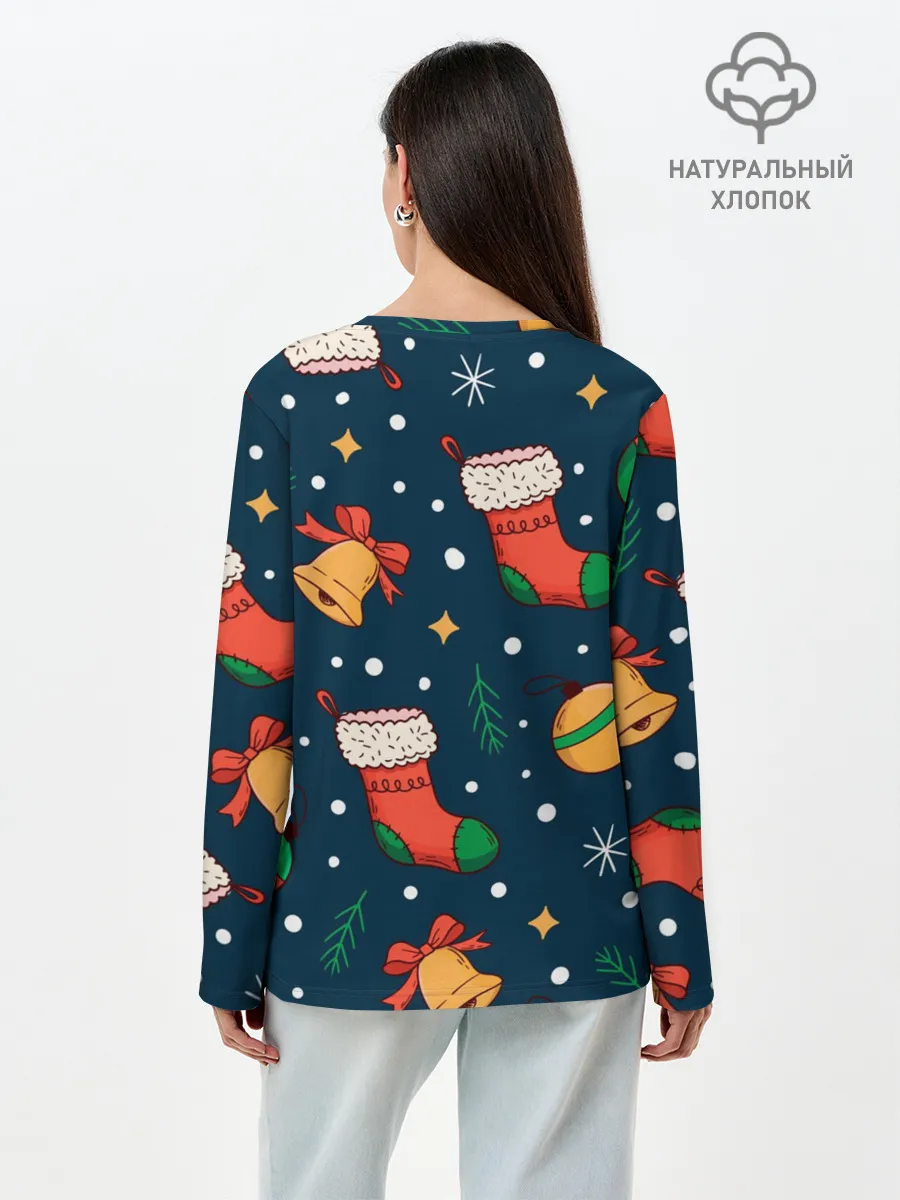 Лонгслив женский. Хлопок / Новогодний, рождественский узор