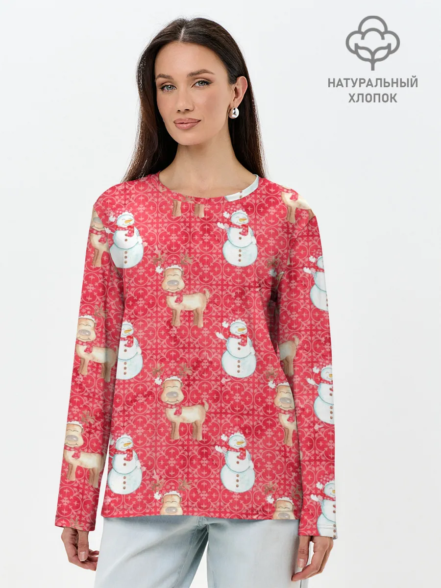 Лонгслив женский. Хлопок / Снеговики и олени