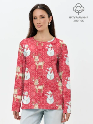 Лонгслив женский. Хлопок / Снеговики и олени