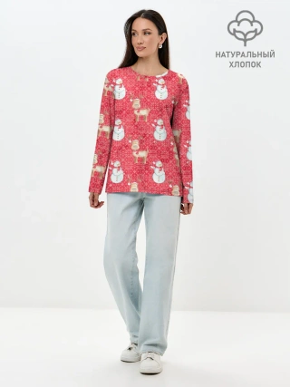 Лонгслив женский. Хлопок / Снеговики и олени