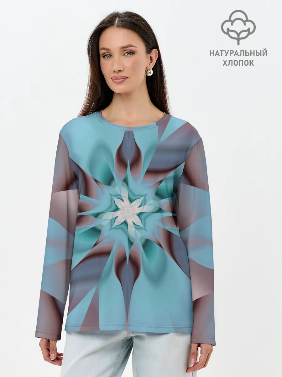 Лонгслив женский. Хлопок / Абстрактный цветок. Голубой.