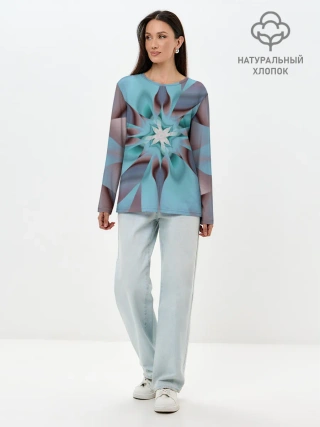 Лонгслив женский. Хлопок / Абстрактный цветок. Голубой.