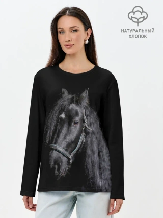 Лонгслив женский. Хлопок / Лошадь на черном фоне