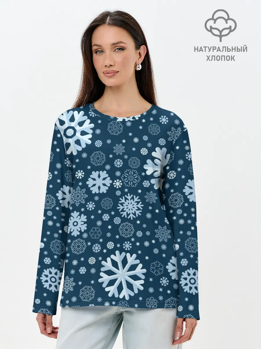 Лонгслив женский. Хлопок / Новогодние снежинки, новый год