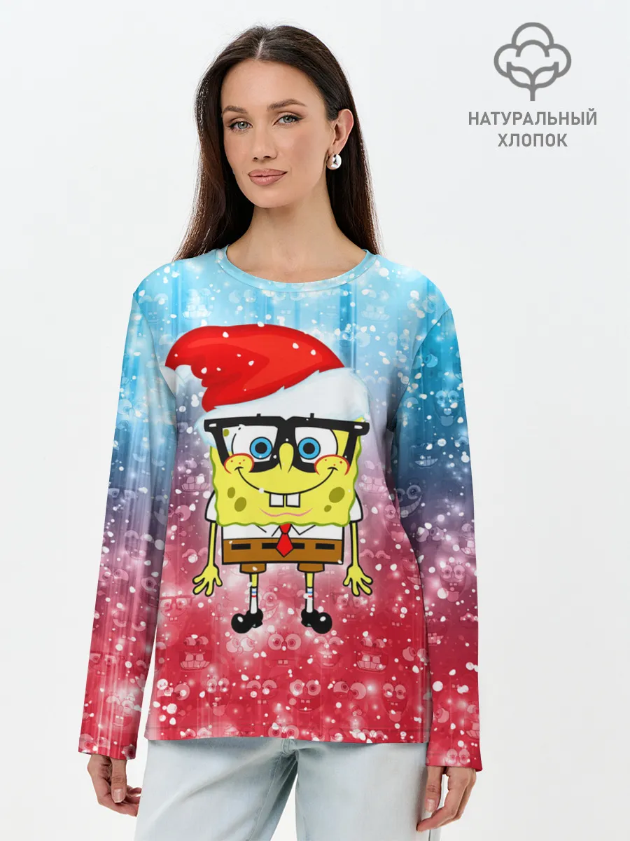 Лонгслив женский. Хлопок / Новогодний Спанч Боб