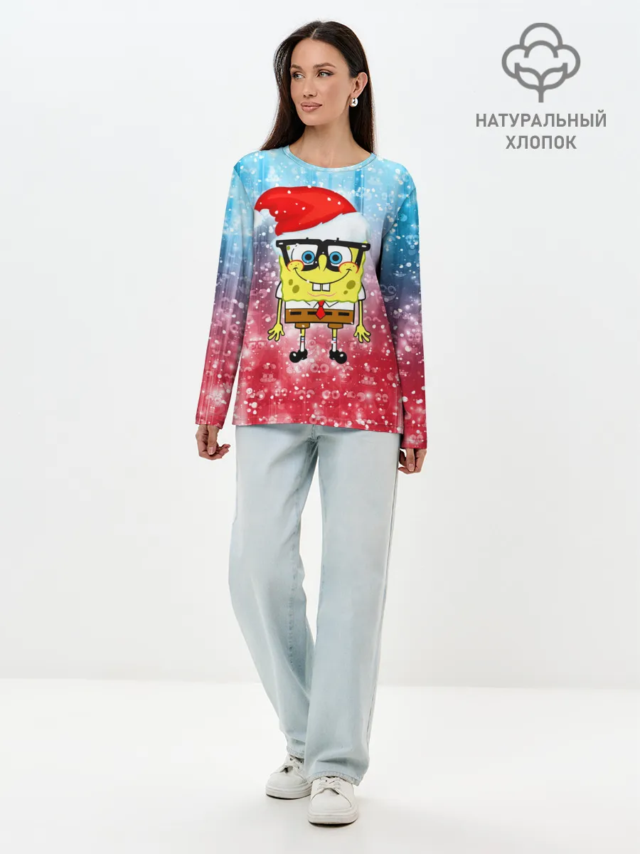 Лонгслив женский. Хлопок / Новогодний Спанч Боб