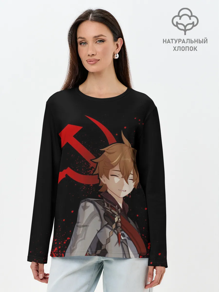 Лонгслив женский. Хлопок / ТАРТАЛЬЯ | СНЕЖНАЯ | ЧЕРНЫЙ