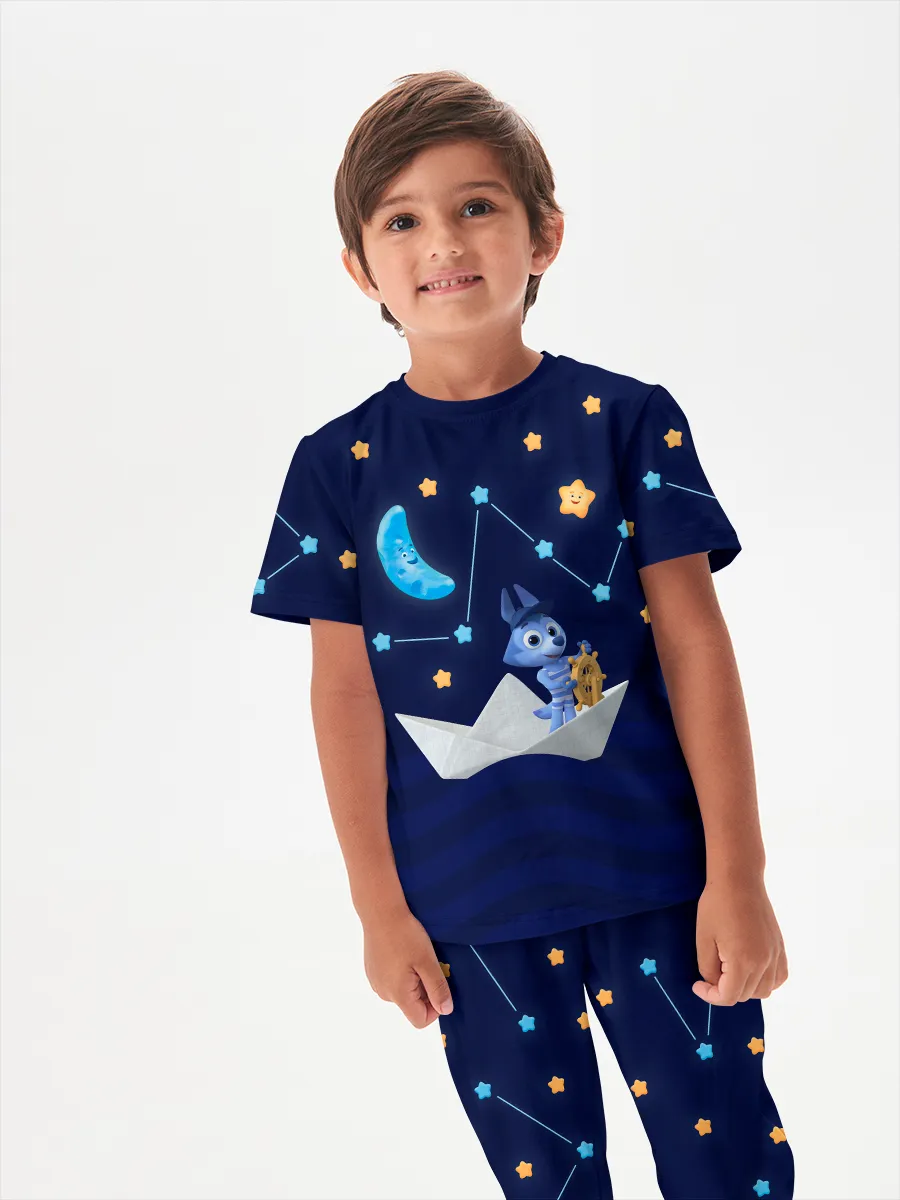 Детская пижама с брюками хлопок / P032_WolfyDarkBlue