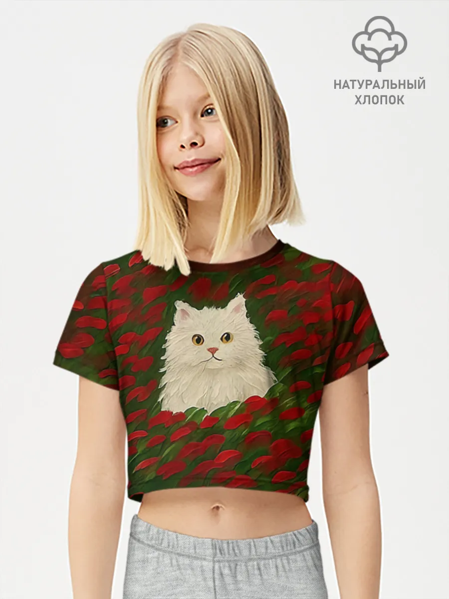 Футболка для девочки укороченная базовая хлопок / CatRedGreen53637