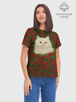 Женская базовая футболка хлопок / CatRedGreen