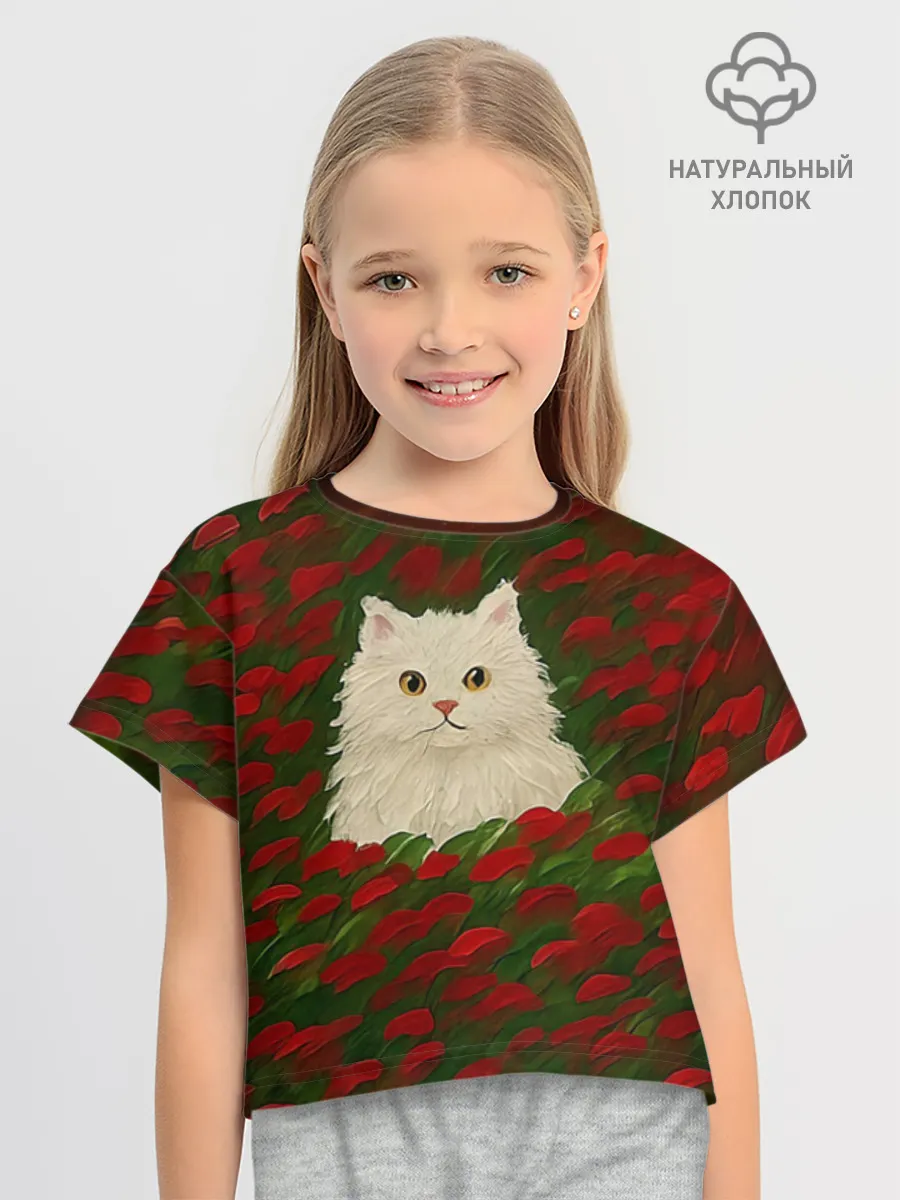 Футболка для девочки укороченная оверсайз хлопок / CatRedGreen