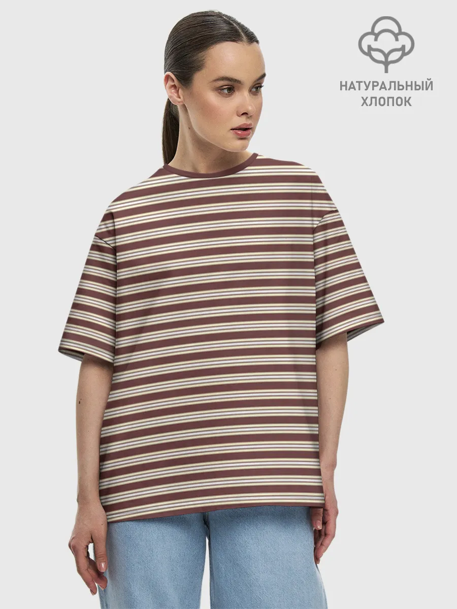 Женская футболка оверсайз хлопок / Полоска Retro_brown